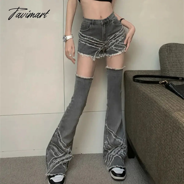 Tavimart Streetwear Fashion Tassel Stitched Gray Jeans Women Autumn And Winter New High Waist Slim