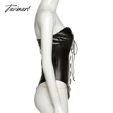 Tavimart Streetwear Faux Pu Leather Bodysuit Women Sexy Strapless Off Shoulder Body Overalls One
