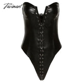 Tavimart Streetwear Faux Pu Leather Bodysuit Women Sexy Strapless Off Shoulder Body Overalls One