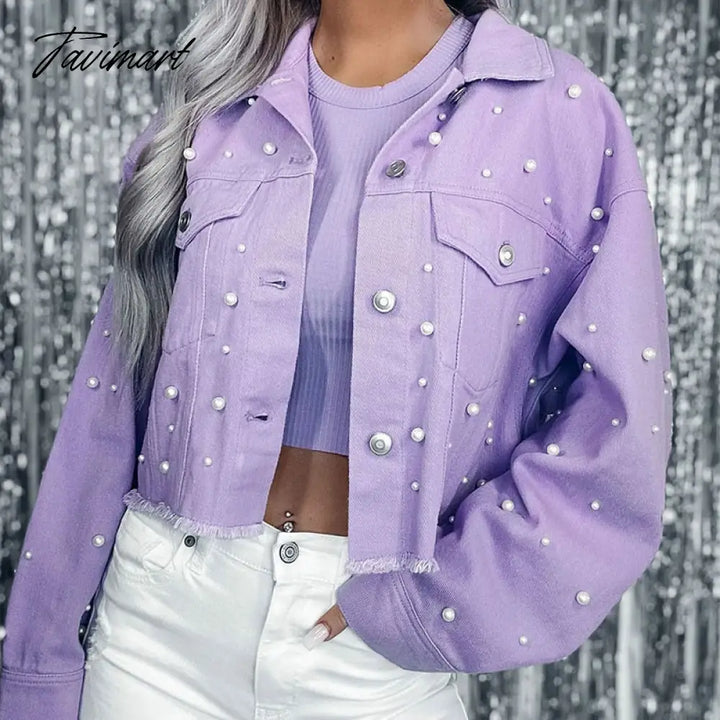 Tavimart Streetwear Pearls Spring Jacket For Women Casual 5 Color Long Sleeve Cropped Coat Chic