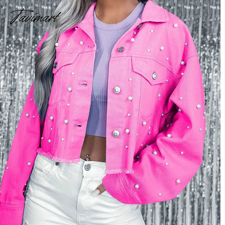 Tavimart Streetwear Pearls Spring Jacket For Women Casual 5 Color Long Sleeve Cropped Coat Chic