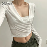 TAVIMART Streetwear Solid Color All Match Hooded Long-sleeved T-shirt Women Summer New Korean Pleated Sexy Slim Thin Crop Tops