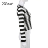 Tavimart Striped Top Blouse Tshirt Basic Long Sleeve Black And White Star Patch Print Streetwear