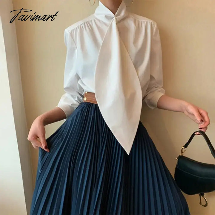 Tavimart Stylish Black White Solid Color Long Sleeves High Neck Blouses Loose Fit Office Shirt Tops