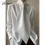 Tavimart Stylish Black White Solid Color Long Sleeves High Neck Blouses Loose Fit Office Shirt Tops