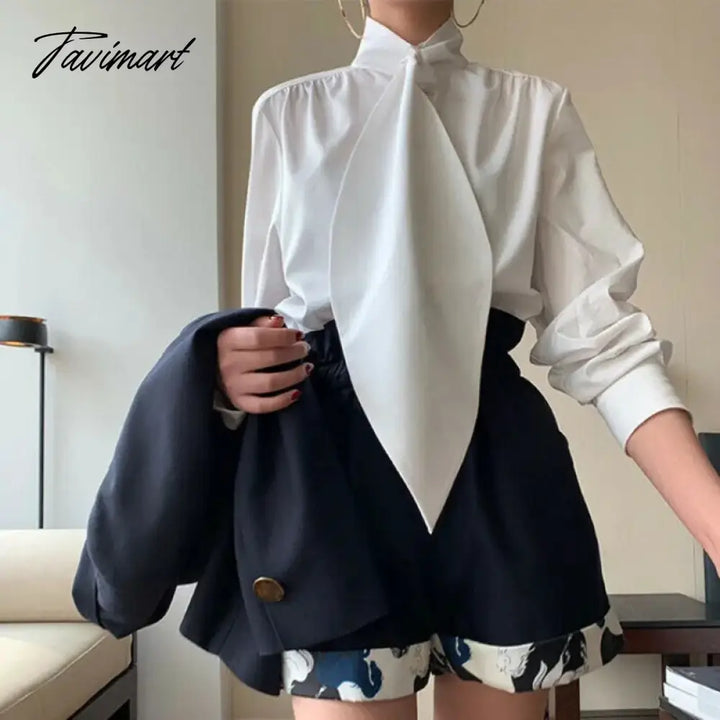 Tavimart Stylish Black White Solid Color Long Sleeves High Neck Blouses Loose Fit Office Shirt Tops