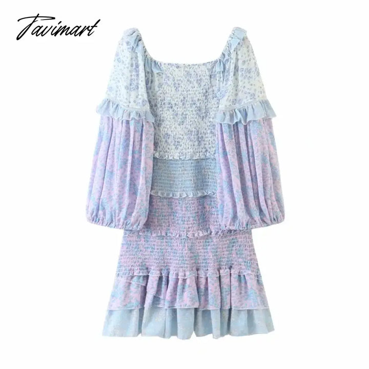 Tavimart - Summer Autumn Holiday Long Sleeve Patchwork Floral Woman Dress Beach Vocation Ladies Mini