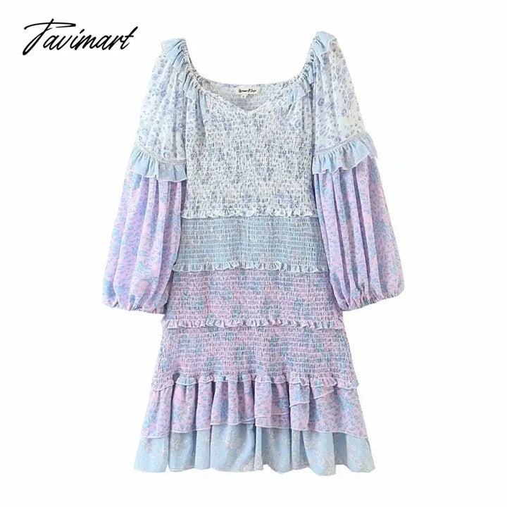 Tavimart - Summer Autumn Holiday Long Sleeve Patchwork Floral Woman Dress Beach Vocation Ladies Mini