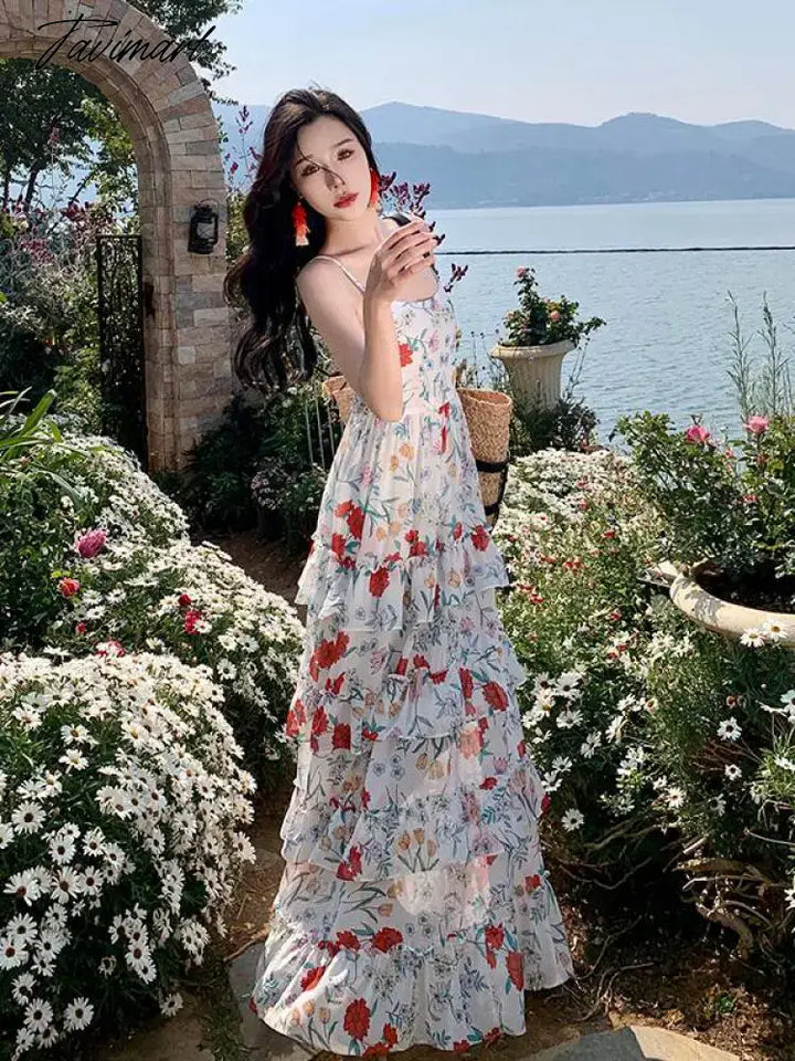 Tavimart Summer Backless Beach Ruffles Cake Long Dress Women Sleeveless Print Floral Retro Korean