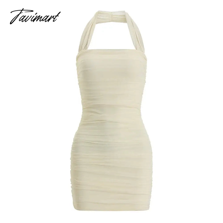 Tavimart - Summer Beige Backless Mesh Pleated Halter Zipper Mini Dress Women Elegant Lady Beach