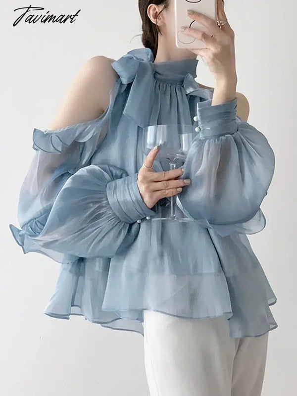 Tavimart - Summer Blouse Women Blue Chic Off Shoulder Tops Female Vintage Fashion Bow Shirt Ladies