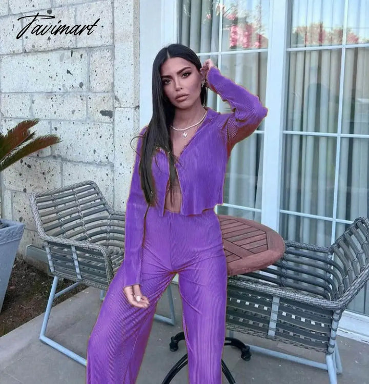 Tavimart Summer Casual Pleated Three - Piece Set Women Oversized Vest Long Sleeve Shirt Wide Leg