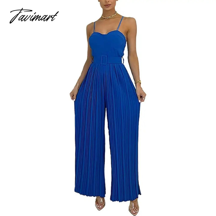 Tavimart Summer Casual Suspenders Long Jumpsuit Women Sexy Fashion Solid Sleeveless Sashes Pleated