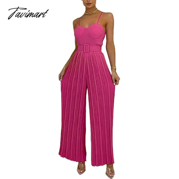 Tavimart Summer Casual Suspenders Long Jumpsuit Women Sexy Fashion Solid Sleeveless Sashes Pleated