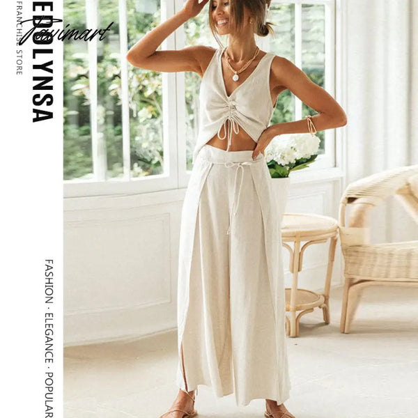 Tavimart Summer Casual Two Piece Set Cotton Linen Drawstring Crop Top Split Lace Up Wide Leg Pants