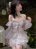 Tavimart Summer Chiffon Floral Lace Princess Sets Women Halter Collar Sweet Two Piece Set Female