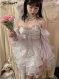 Tavimart Summer Chiffon Floral Lace Princess Sets Women Halter Collar Sweet Two Piece Set Female