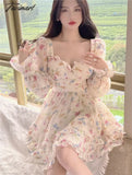 Tavimart Summer Chiffon Lace Floral Fairy Dress Women Korean Hem Mesh Sweet Female Designer Ruffle