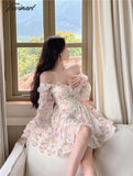 Tavimart Summer Chiffon Lace Floral Fairy Dress Women Korean Hem Mesh Sweet Female Designer Ruffle