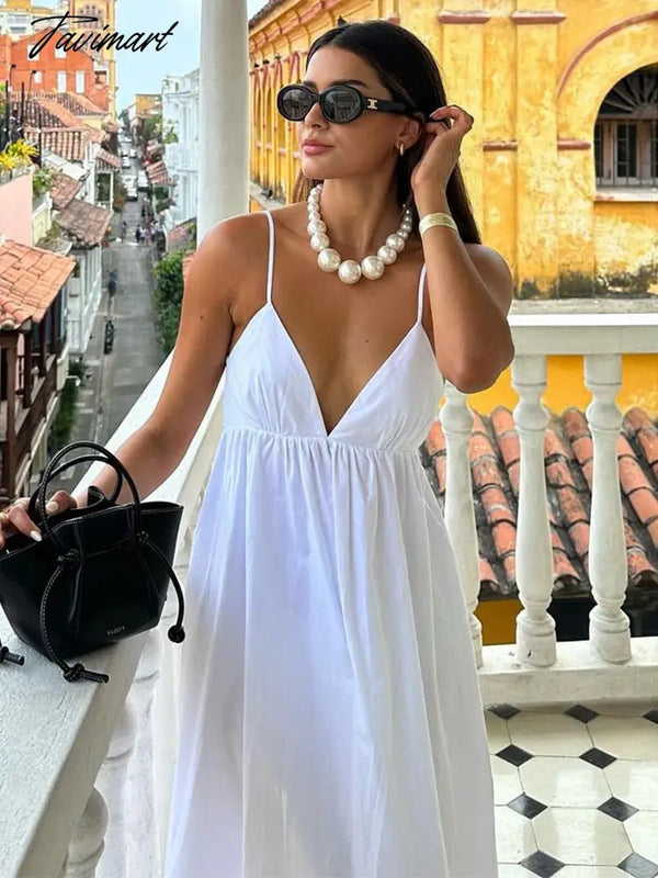 Tavimart Summer Dress Women Clothing V Neck Sleeveless Spaghetti Strap Casual White Sexy Backless