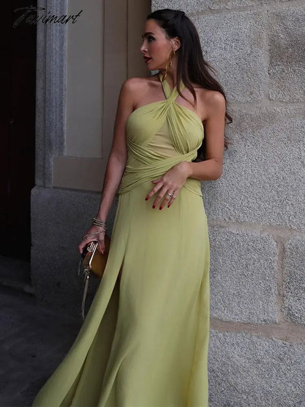 Tavimart Summer Elegant Halter Wedding Guest Dress Maxi Sexy Backless Chiffon For Night Party