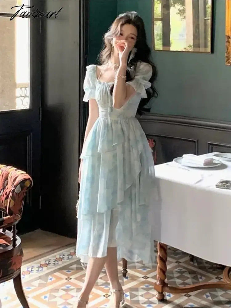 Tavimart French Vintage Fairy Dress Women Ruffle Irregular Designer Long Floral Dress Summer Elegant Korean Holiday Victorian Dress