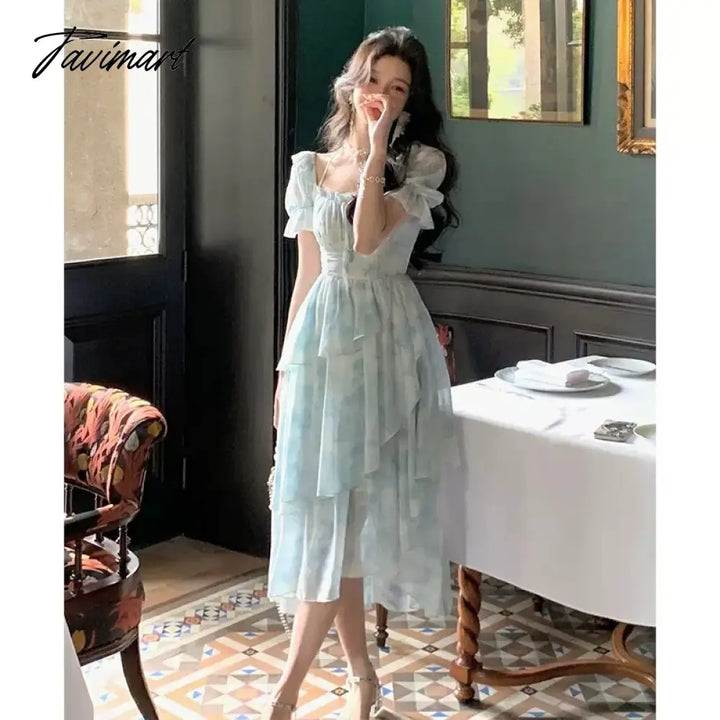 Tavimart Summer Elegant Party Dress Lady Puff Sleeve Beach Woman Vintage Square Floral One Piece