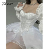 Tavimart - Summer Fairy Long Sleeve Even Party Dress Woman White French Elegant Midi Casual One