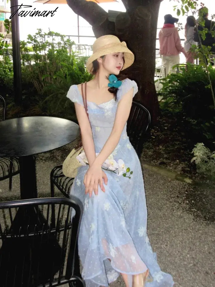 Tavimart - Summer Fairy Puff Sleeve Slash Neck Blue Dress Women Elegant 3D Flower Decoration