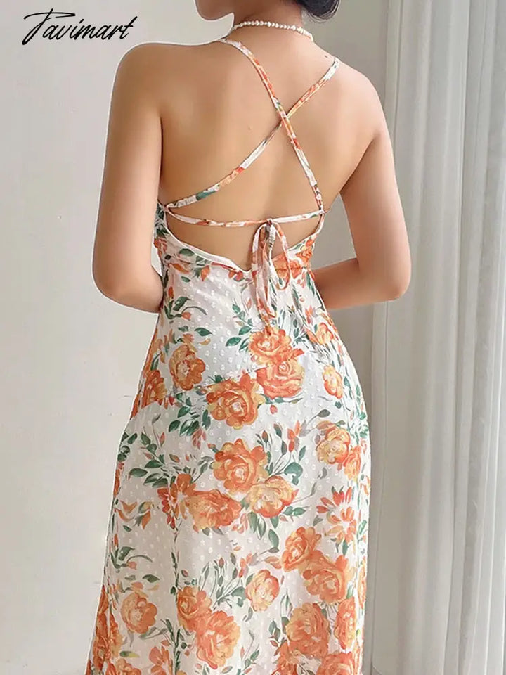 Tavimart Summer Floral Long Dress Sleeveless Backless Thin Straps Retro Beach Sexy Split Chic Mid