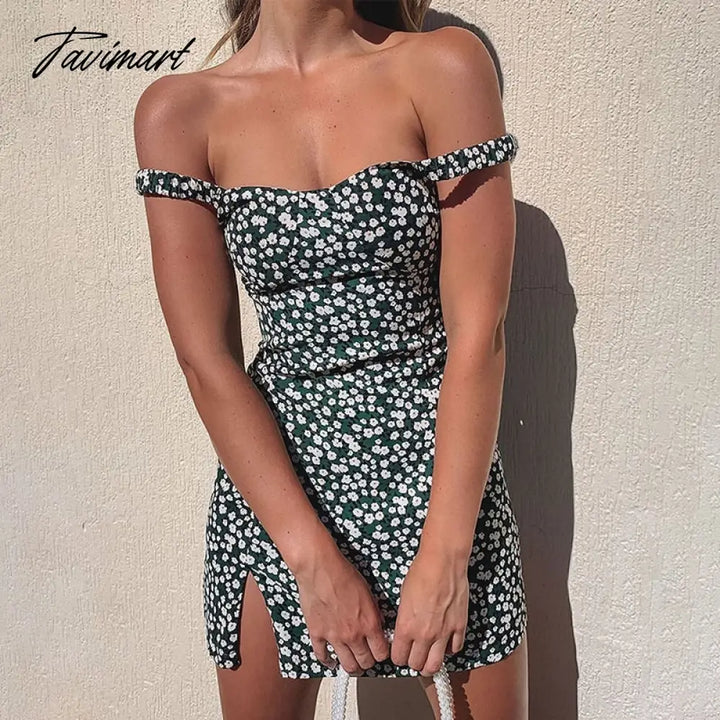 Tavimart Summer Floral Print Dress Women Sleeveless Mini Split Fashion Shoulder Backless Sexy