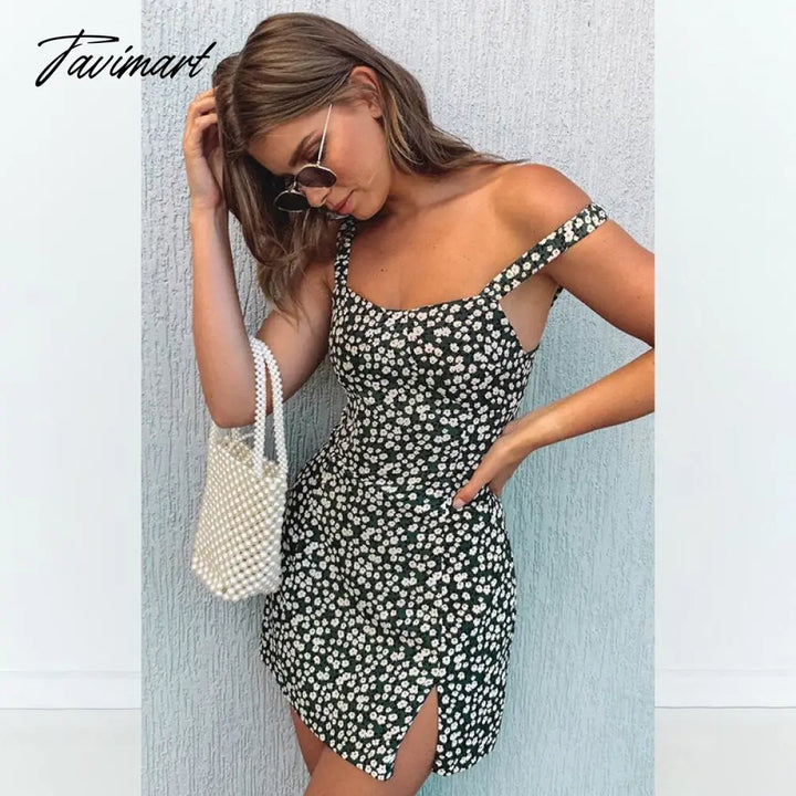 Tavimart Summer Floral Print Dress Women Sleeveless Mini Split Fashion Shoulder Backless Sexy