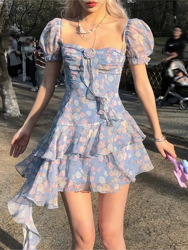 Tavimart - Summer Floral Y2K Mini Dress Holiday Beach Irregular Chiffon Casual Korean Fashion Short