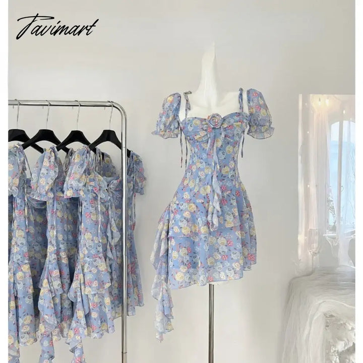 Tavimart - Summer Floral Y2K Mini Dress Holiday Beach Irregular Chiffon Casual Korean Fashion Short