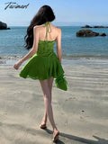 Tavimart - Summer Green Sleeveless Slip Sexy Club Vacation Elegant Pleated Mini Dress 2024 New