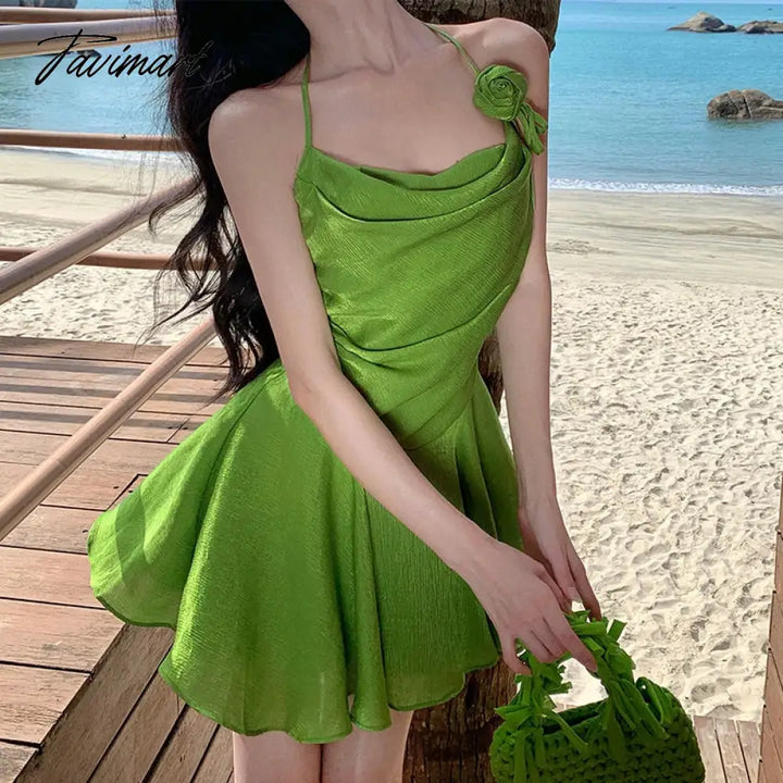 Tavimart - Summer Green Sleeveless Slip Sexy Club Vacation Elegant Pleated Mini Dress 2024 New