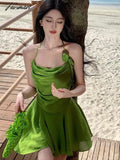 Tavimart - Summer Green Sleeveless Slip Sexy Club Vacation Elegant Pleated Mini Dress 2024 New