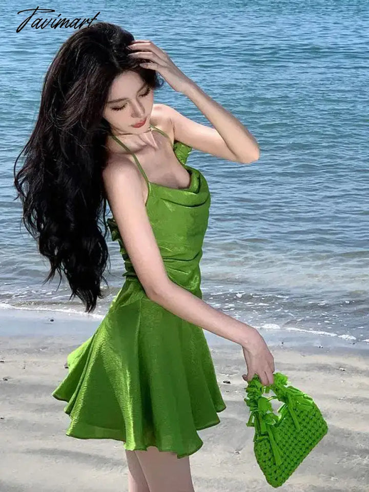 Tavimart - Summer Green Sleeveless Slip Sexy Club Vacation Elegant Pleated Mini Dress 2024 New