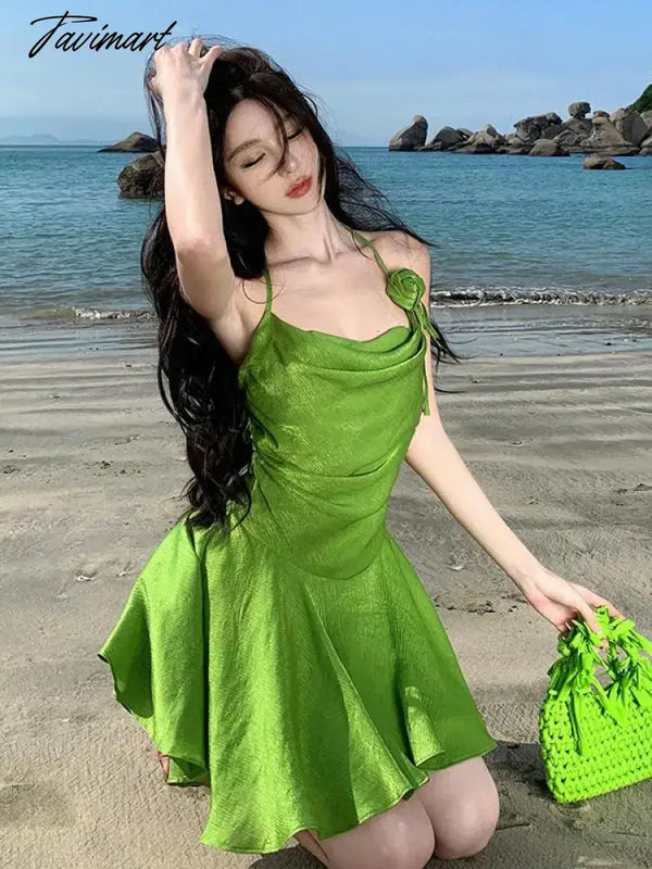 Tavimart - Summer Green Sleeveless Slip Sexy Club Vacation Elegant Pleated Mini Dress 2024 New