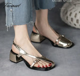 Tavimart Summer Heel Women Sandals Fashion Half Open Toe Narrow Band Thick High Shoes Ladies Rome