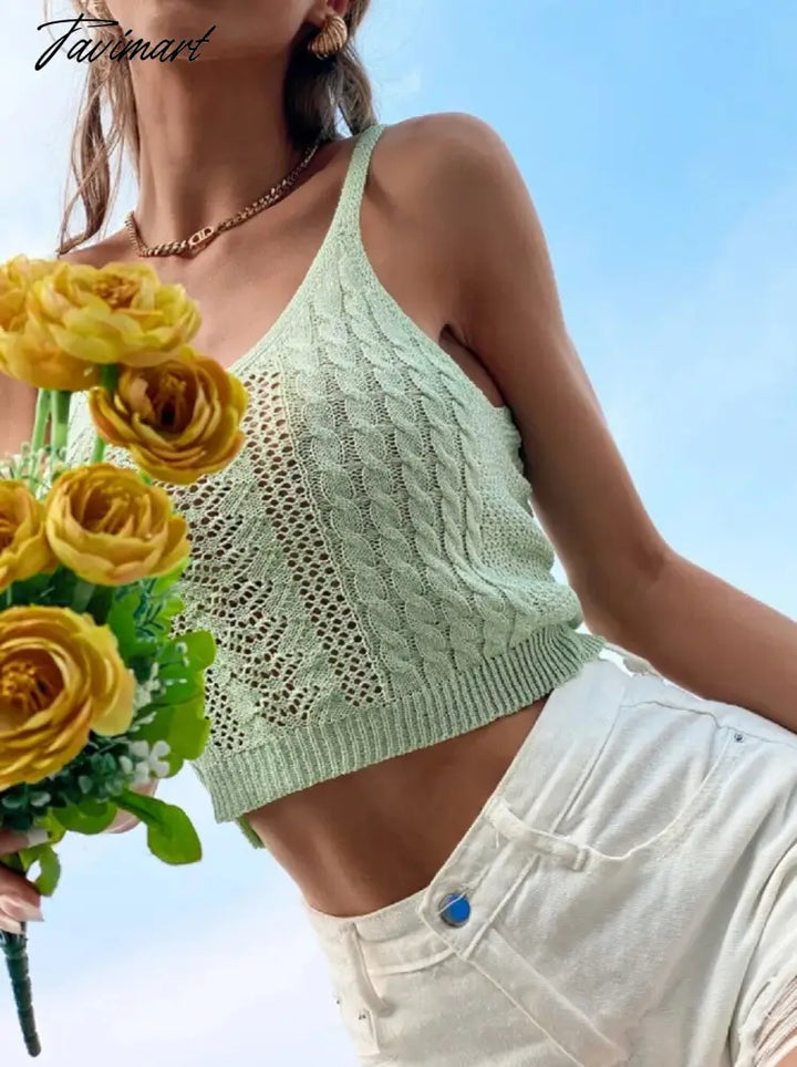 Tavimart Summer Knit Sweater Vest Women Tank Tops White V - Neck Sleeveless Slim Crop 90S Clothes