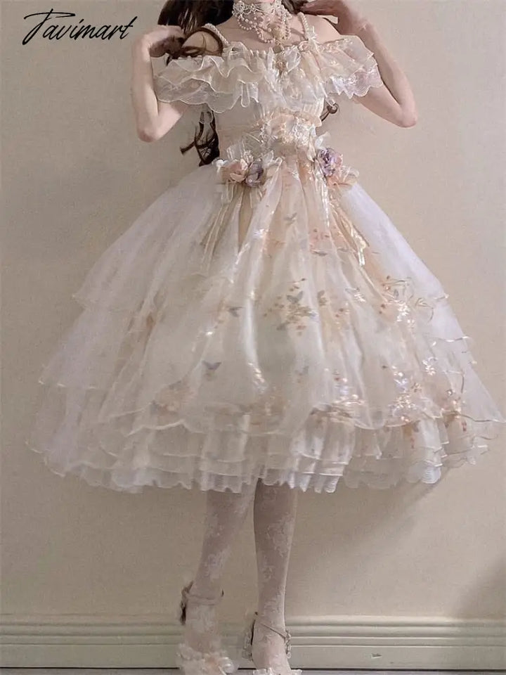 Tavimart Summer Lolita Midi Dress Women Casual Vintage Luxur Office Lady Kawaii Clothing Short