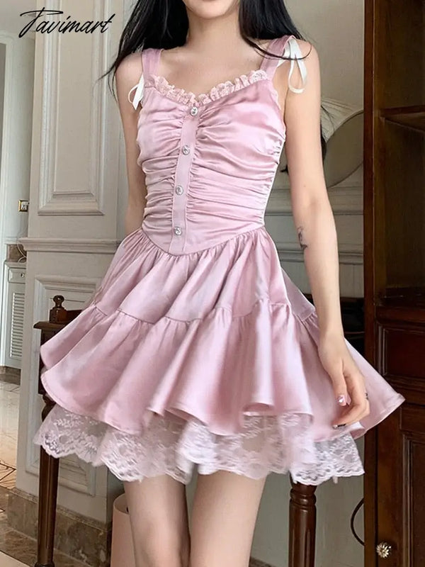 Tavimart Summer Lolita Satin Folds Dress Pink Lace Sweet Sexy Women Mini French Y2K Party One Piece