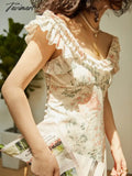 Tavimart Summer Maxi Dress For Women Elegant Slim Sexy Slash Neck Floral Boho Pleated Ruffles