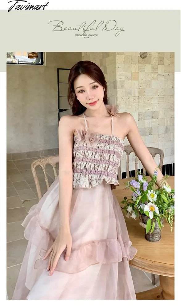 Tavimart Summer Mesh Sweet Ruffle Party Dress Female Elegant Asymmetrical Pink Holiday Beach Design