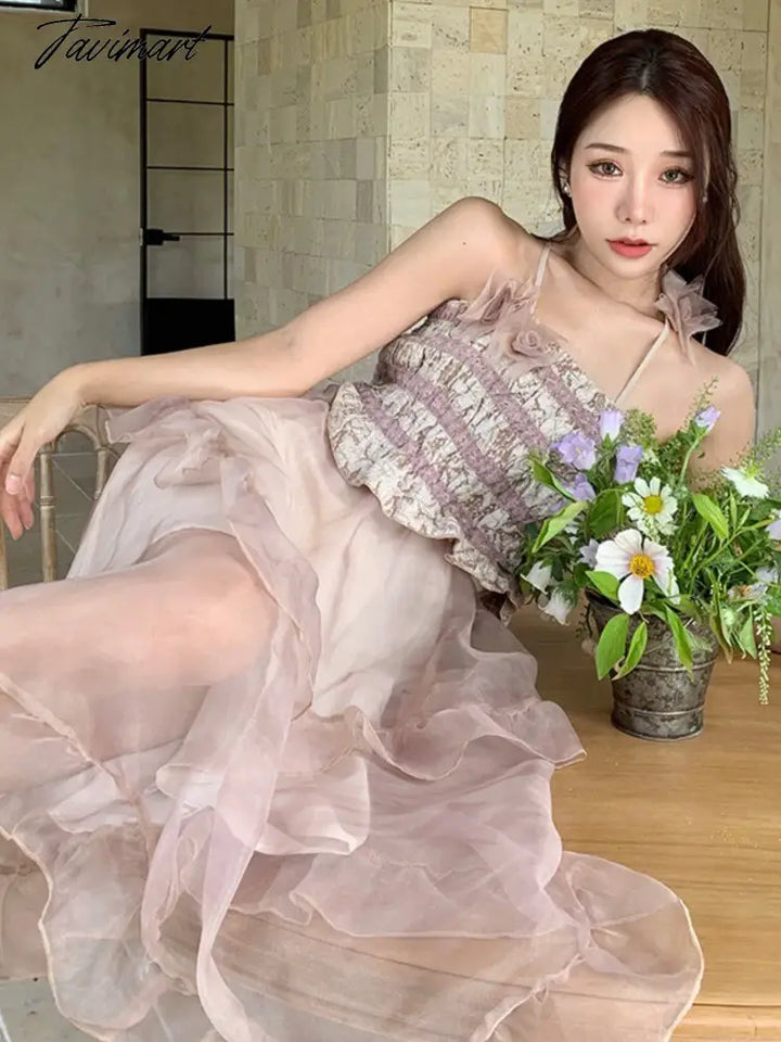 Tavimart Summer Mesh Sweet Ruffle Party Dress Female Elegant Asymmetrical Pink Holiday Beach Design