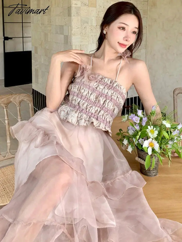 Tavimart Summer Mesh Sweet Ruffle Party Dress Female Elegant Asymmetrical Pink Holiday Beach Design