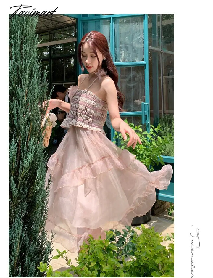 Tavimart Summer Mesh Sweet Ruffle Party Dress Female Elegant Asymmetrical Pink Holiday Beach Design