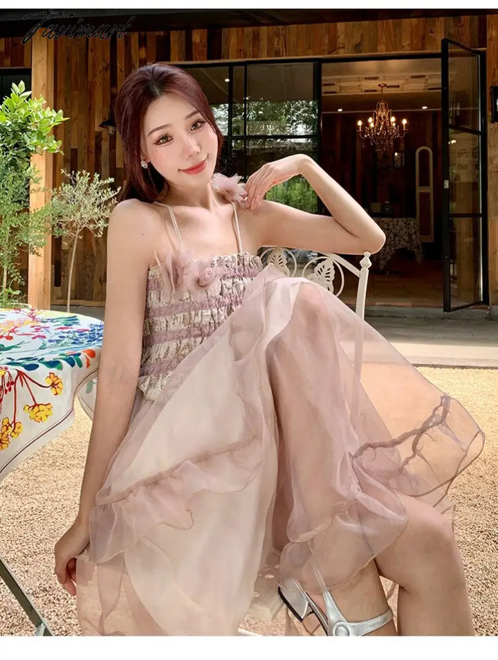 Tavimart Summer Mesh Sweet Ruffle Party Dress Female Elegant Asymmetrical Pink Holiday Beach Design