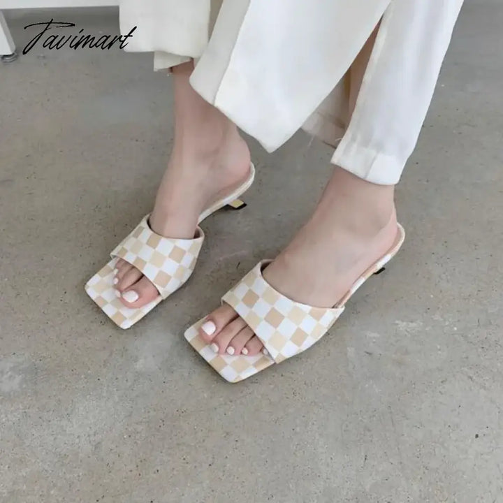 Tavimart Summer New Fashion Checkerboard Slippers Women Thin Low Heel Sandals Femmes Elegant Shoes